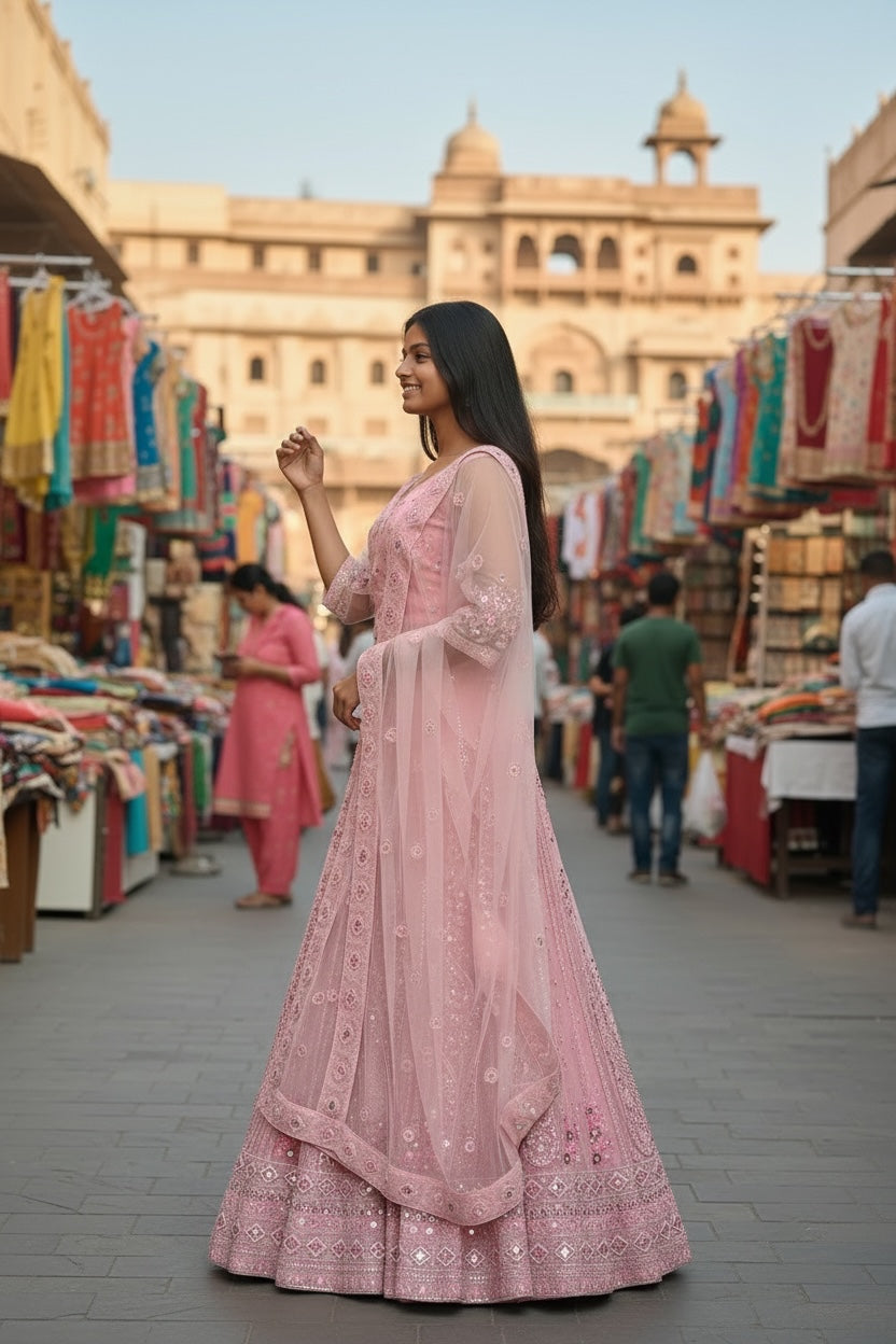 Lehenga Tradicional Hindú- Rosa