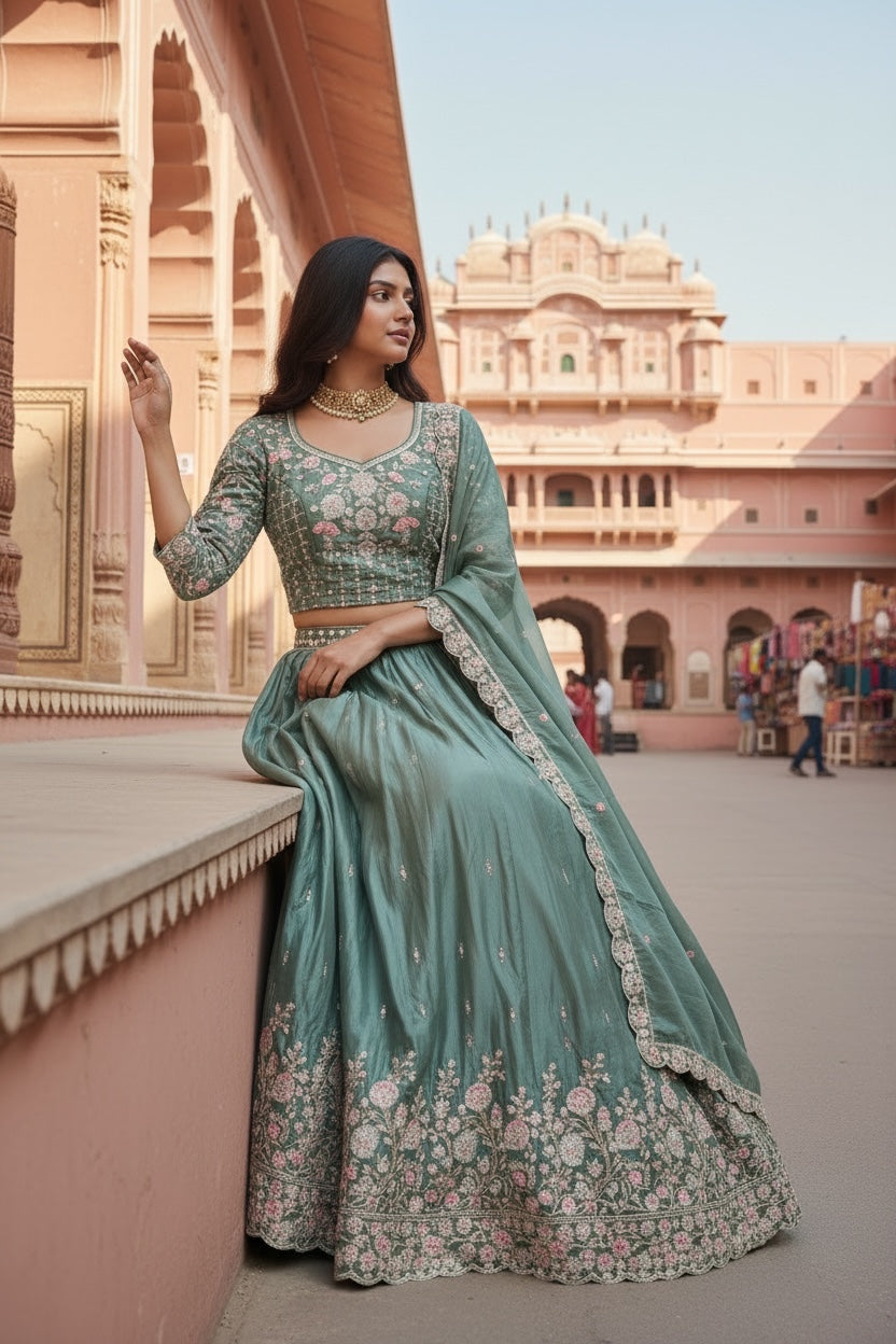 Lehenga Tradicional Hindú- Verde Seco