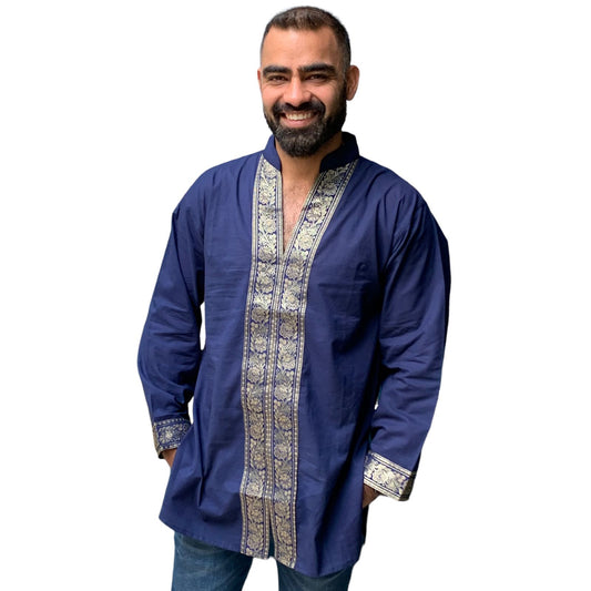 Kurta Tradicional Hindú - Aplicación Brocada - 100% Algodón