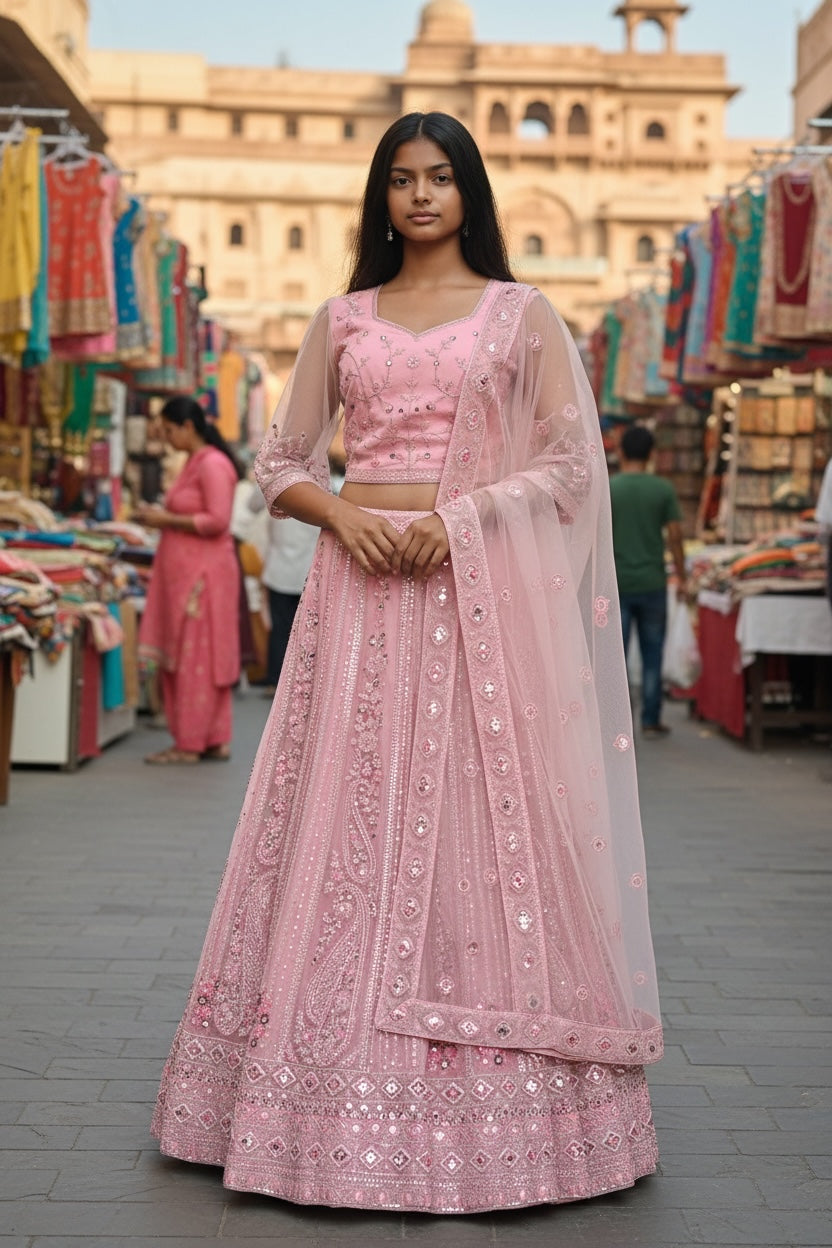 Lehenga Tradicional Hindú- Rosa