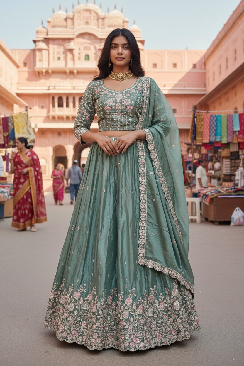 Lehenga Tradicional Hindú- Verde Seco