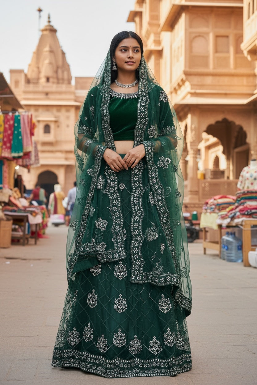Lehenga Tradicional Hindú - Verde oscuro