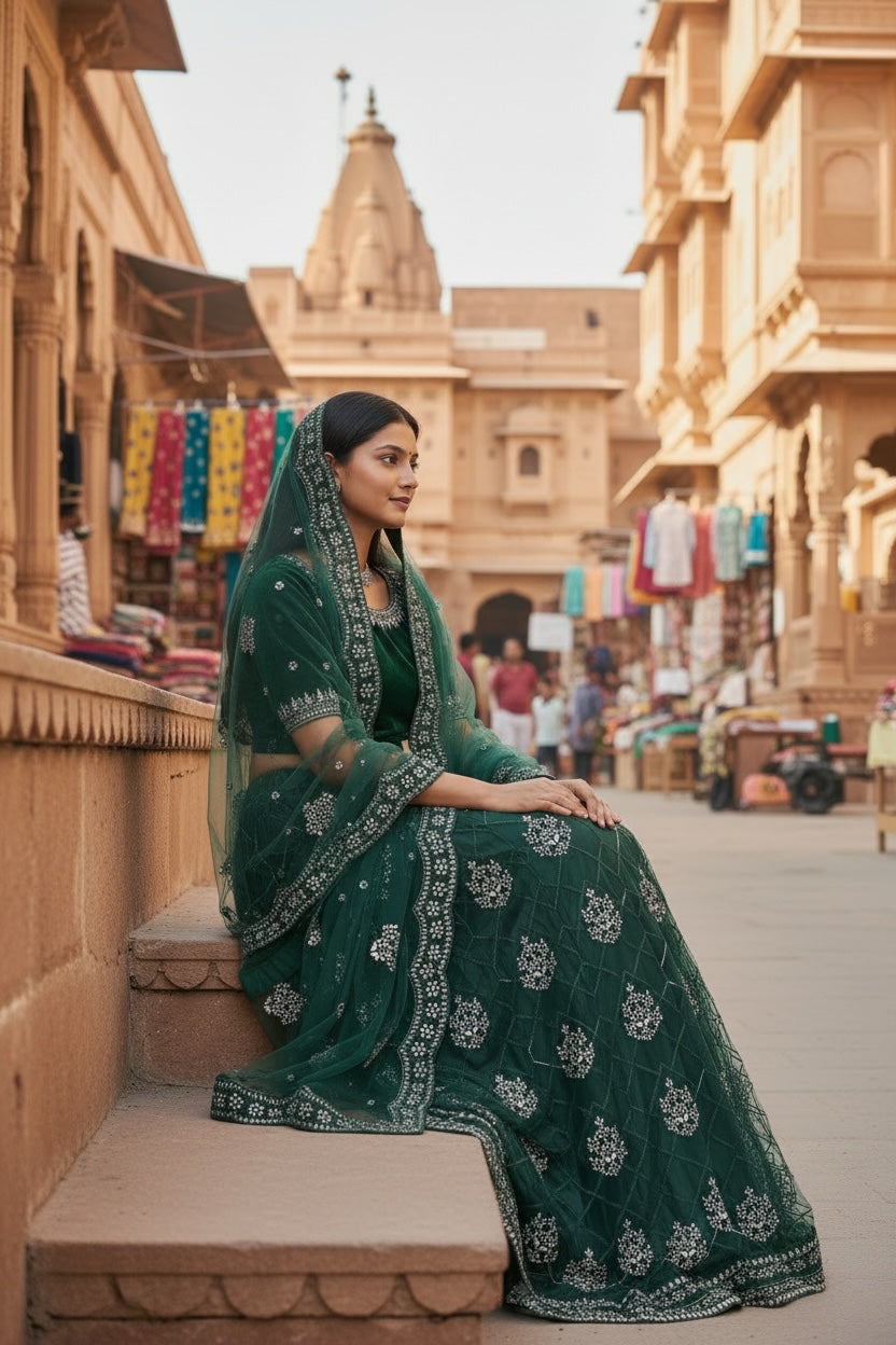 Lehenga Tradicional Hindú - Verde oscuro