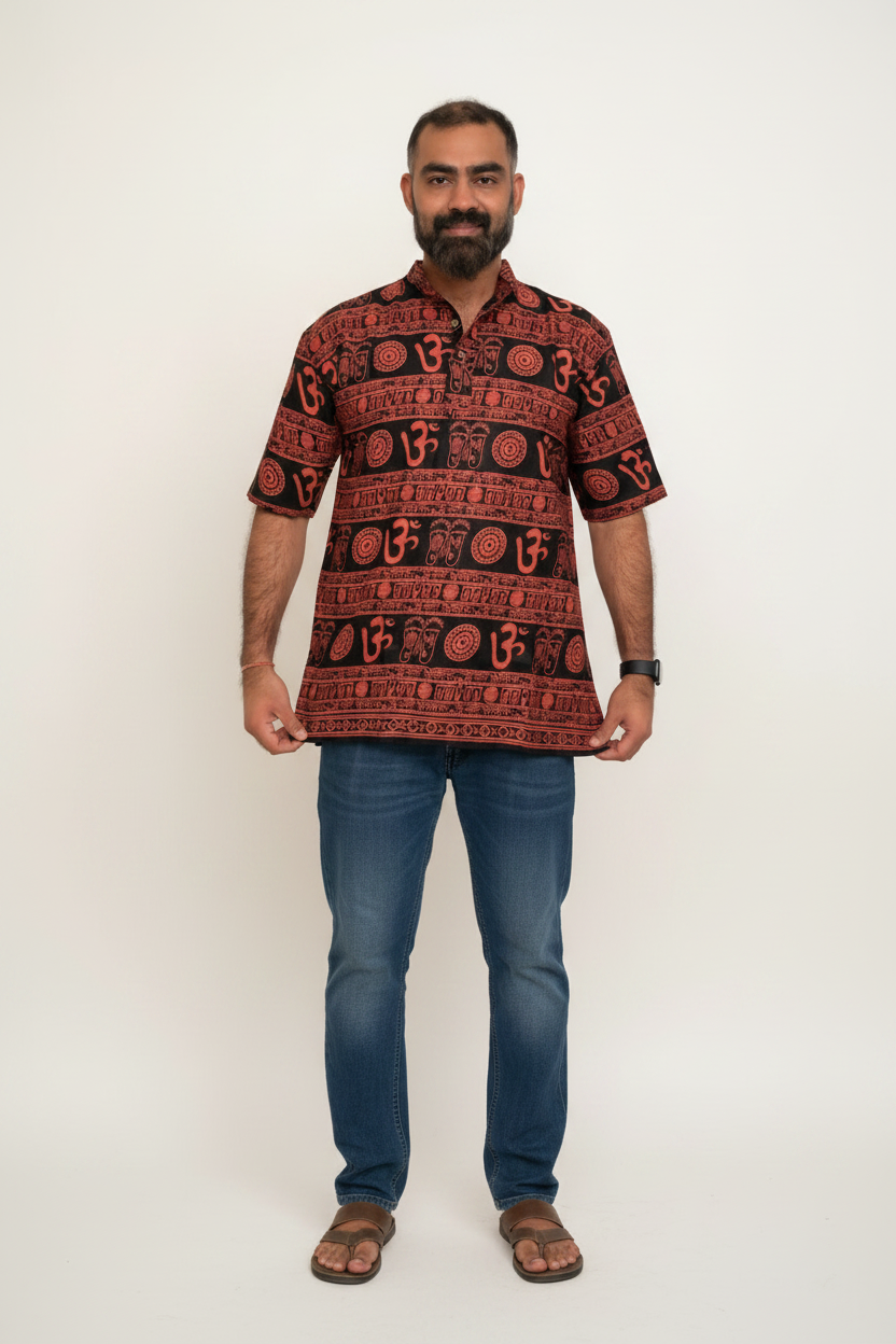 Kurta Hindú Estampado OM - Manga Corta - 100% Algodón